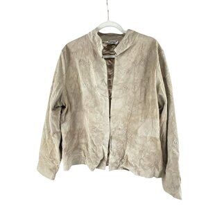 Coldwater Creek Tan Boho Western Embroidered 100% Leather Jacket XL Flower Detai